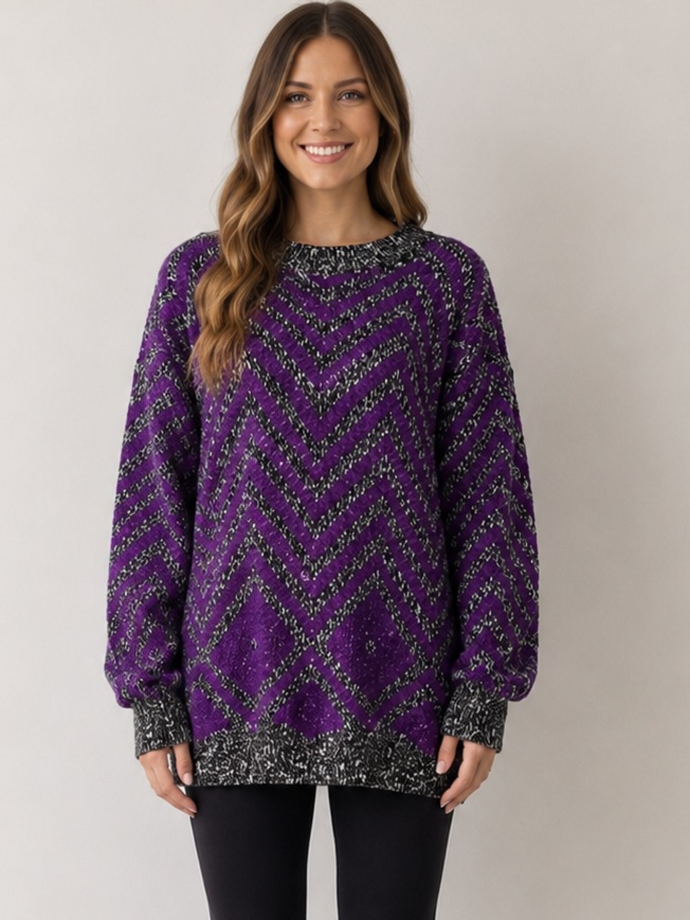D. D. Sloane purple and gray heather chevron‎ striped long sweater size large
